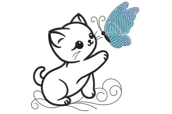 Cute Cat and Butterfly Embroidery Design